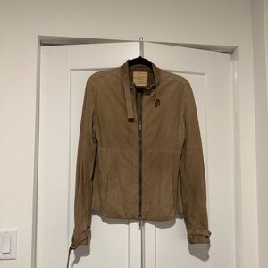 S MaxMara Suede Leather Jacket – Taupe Genuine Leather Moto Styl